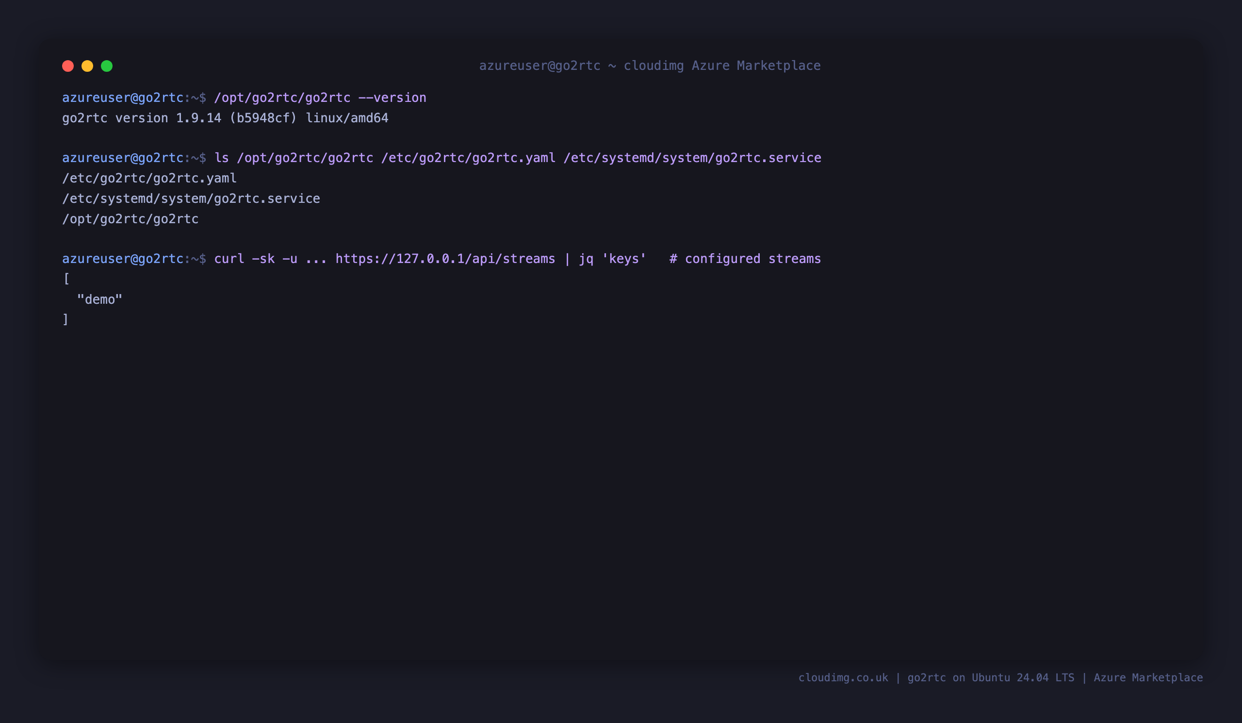 go2rtc reporting version 1.9.14, the installed component paths, and the API listing the configured demo stream