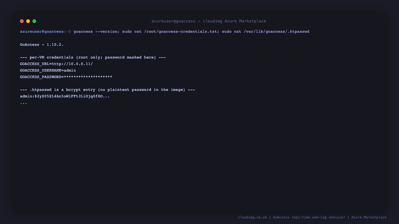 The GoAccess version, the per-VM credentials file with the generated admin password and dashboard URL, and the bcrypt .htpasswd entry that proves no plaintext password ships in the image