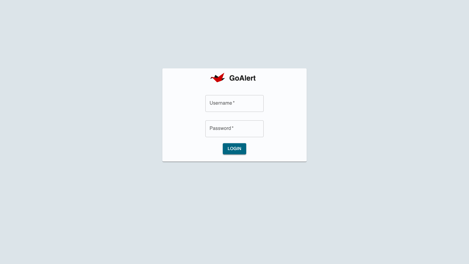 The GoAlert sign in page with Username and Password fields and a Login button