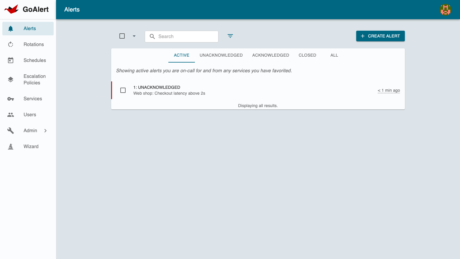The GoAlert Alerts page showing one unacknowledged alert from the Web shop service: Checkout latency above 2s