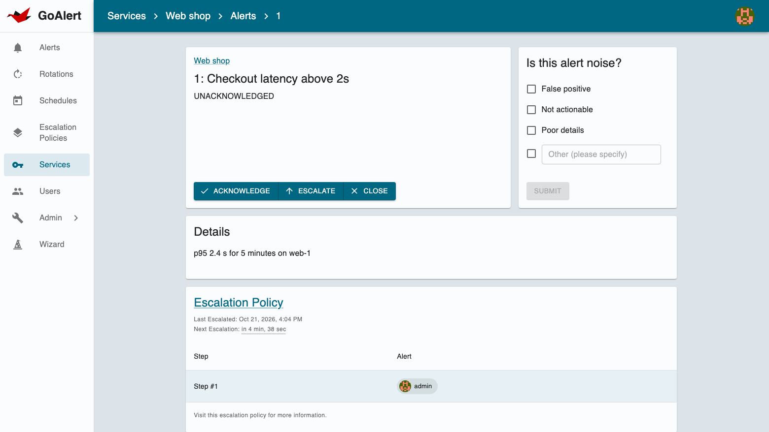 An alert detail page with Acknowledge, Escalate and Close buttons, the alert details and the escalation policy step that pages the admin user