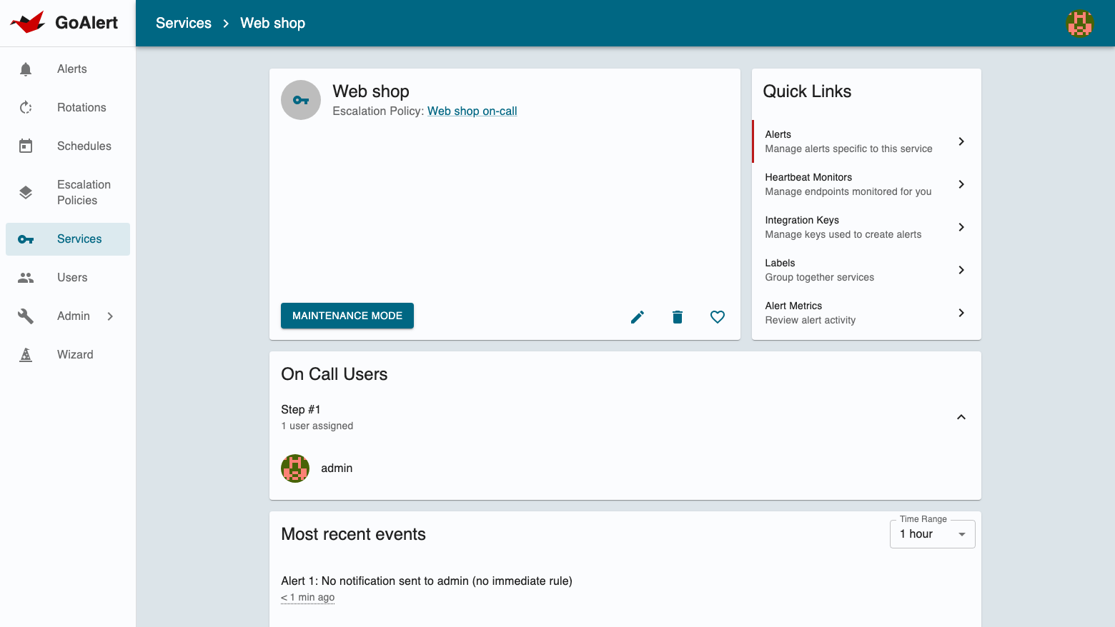 The Web shop service page with its escalation policy, the on call users for step 1 and quick links to alerts, heartbeat monitors and integration keys