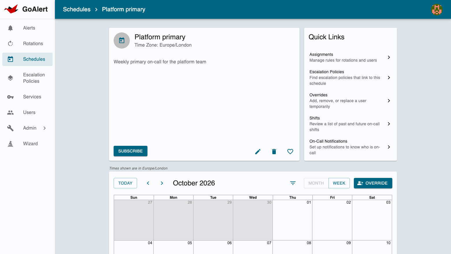 The Platform primary schedule in the Europe/London time zone with a month calendar and links to assignments, overrides and shifts
