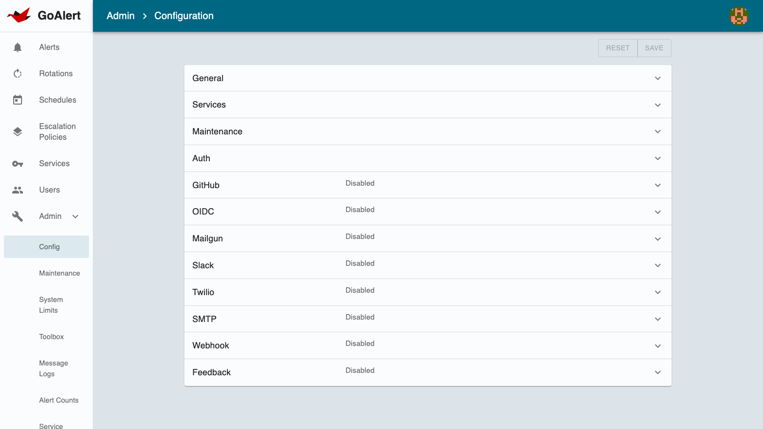 The GoAlert Admin Configuration page listing the General, Services, Maintenance and Auth sections and the GitHub, OIDC, Mailgun, Slack, Twilio, SMTP, Webhook and Feedback providers, each Disabled