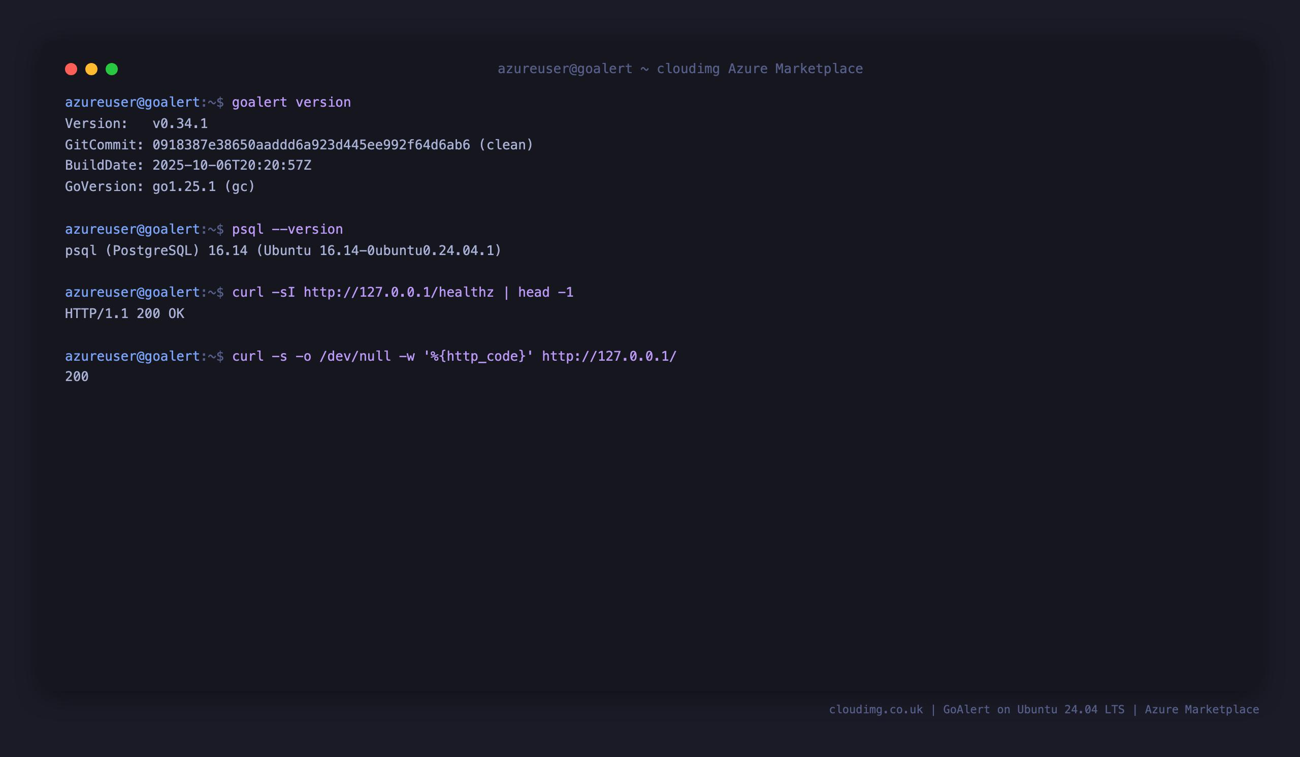 GoAlert v0.34.1 and PostgreSQL 16.14 versions, the healthz endpoint returning 200 and the web UI returning 200
