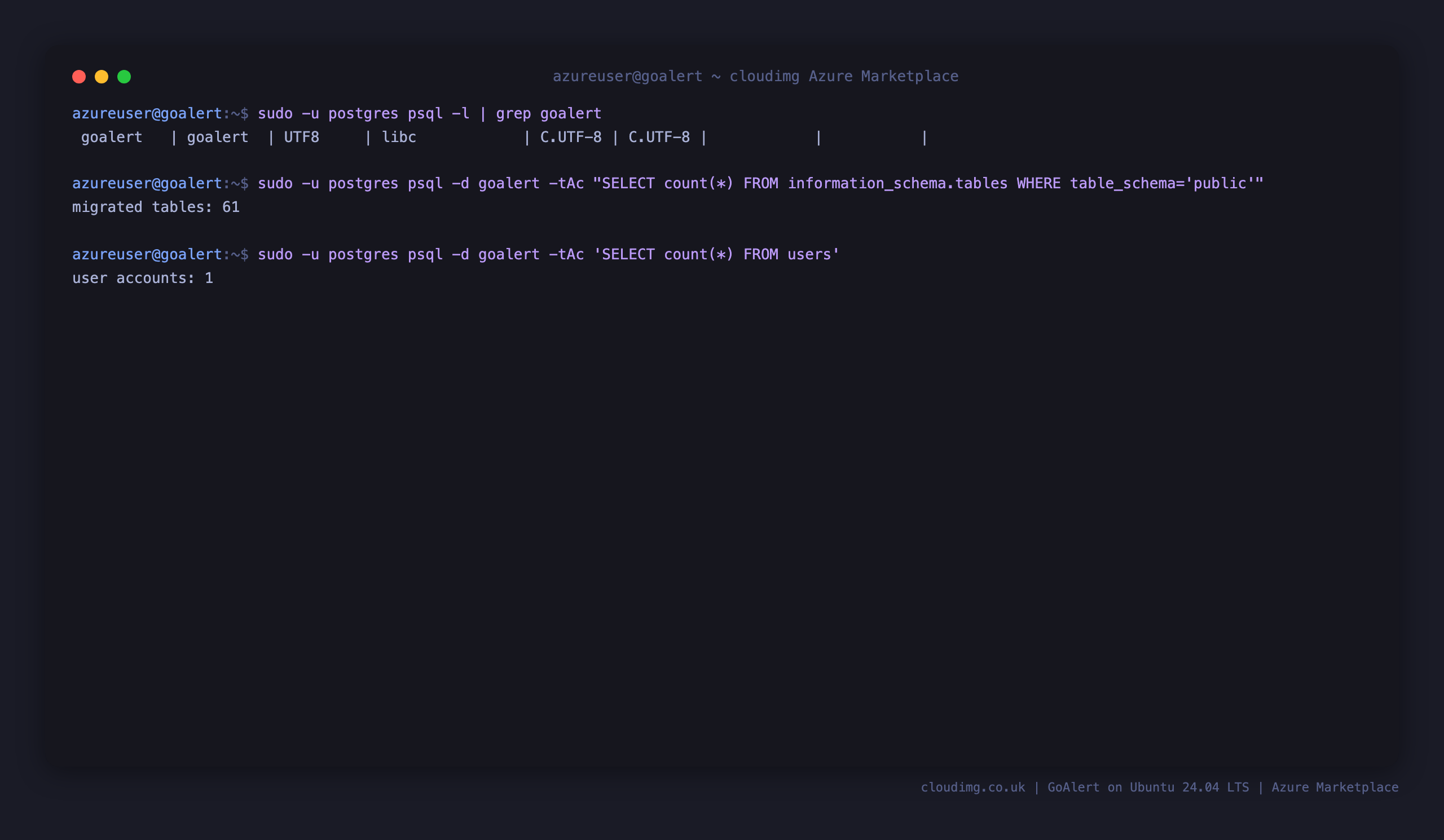 The goalert PostgreSQL database with its migrated schema tables and a single admin user account