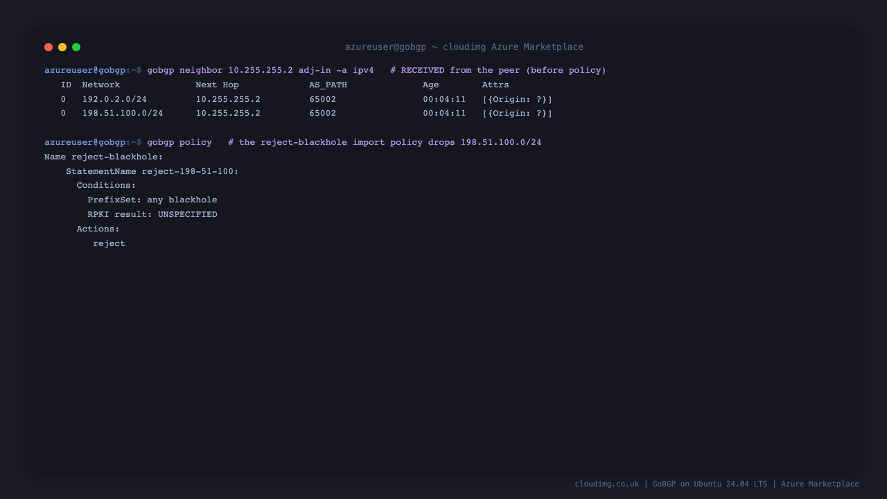 The adj-in showing 198.51.100.0/24 received from the peer, and the reject-blackhole policy that drops it