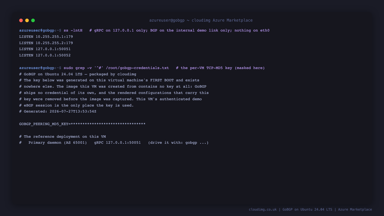 ss showing gRPC on loopback and BGP on the internal demo link only, and the per-VM TCP-MD5 key record