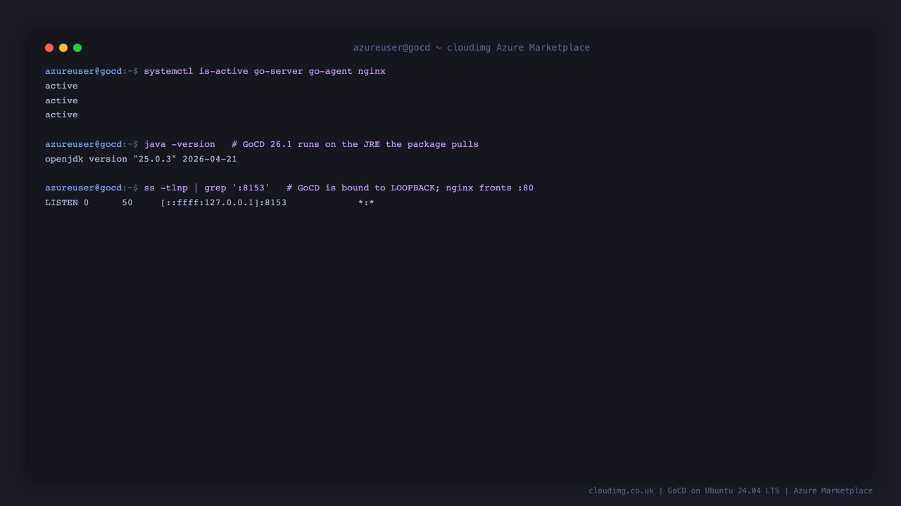 go-server, go-agent and nginx all reporting active, GoCD bound to loopback 127.0.0.1:8153 with nginx fronting port 80