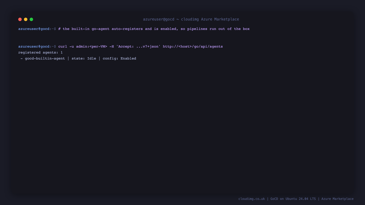 The GoCD agents REST API returning one registered agent, gocd-builtin-agent, with config state Enabled