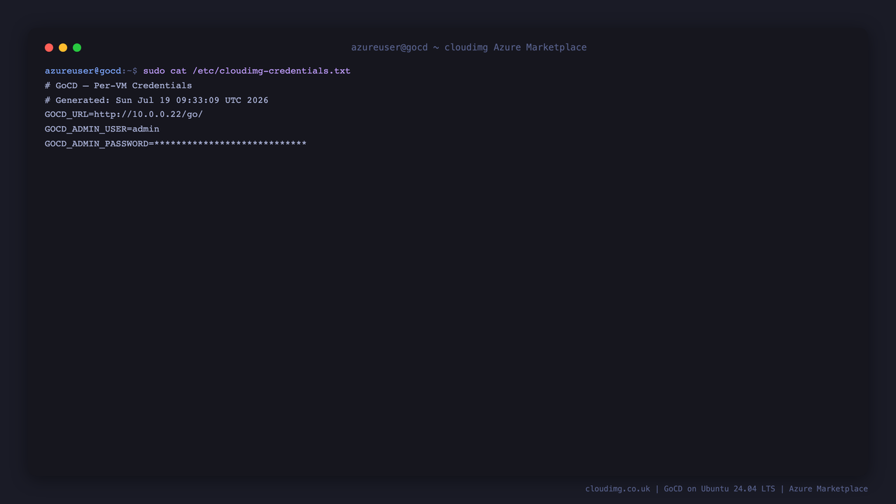 The per-VM cloudimg credentials file showing GOCD_URL, GOCD_ADMIN_USER=admin and the rotated GOCD_ADMIN_PASSWORD (masked), mode 0600 root:root