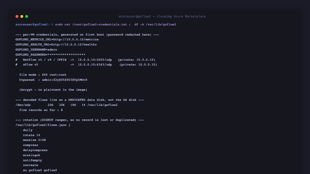 The per-VM credentials file shows the metrics URL, health URL, username and redacted password together with the NetFlow and sFlow exporter target addresses, the file mode 600 root root, the bcrypt hashed htpasswd entry, the dedicated 20 GiB data disk mounted at /var/lib/goflow2, the flow record count, and the logrotate configuration keeping 14 compressed generations