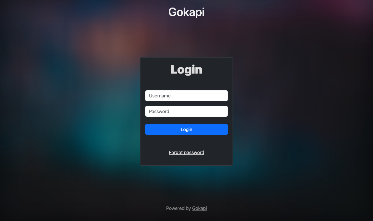 The Gokapi login page with user name and password fields and a Login button