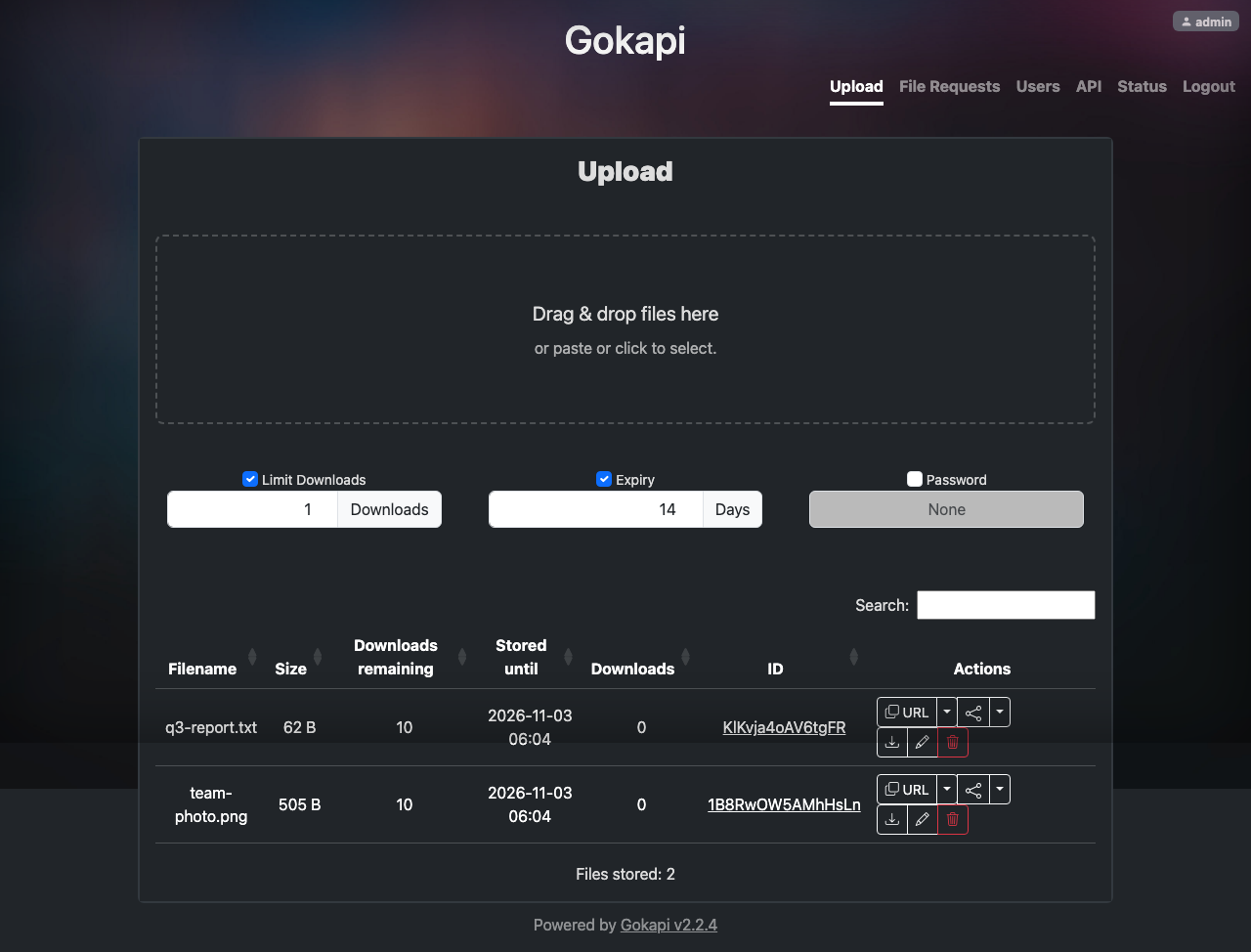 The Gokapi Upload page with the drop zone, the download limit, expiry and password options, and two uploaded files, q3-report.txt and team-photo.png, each with its ID and URL and share buttons