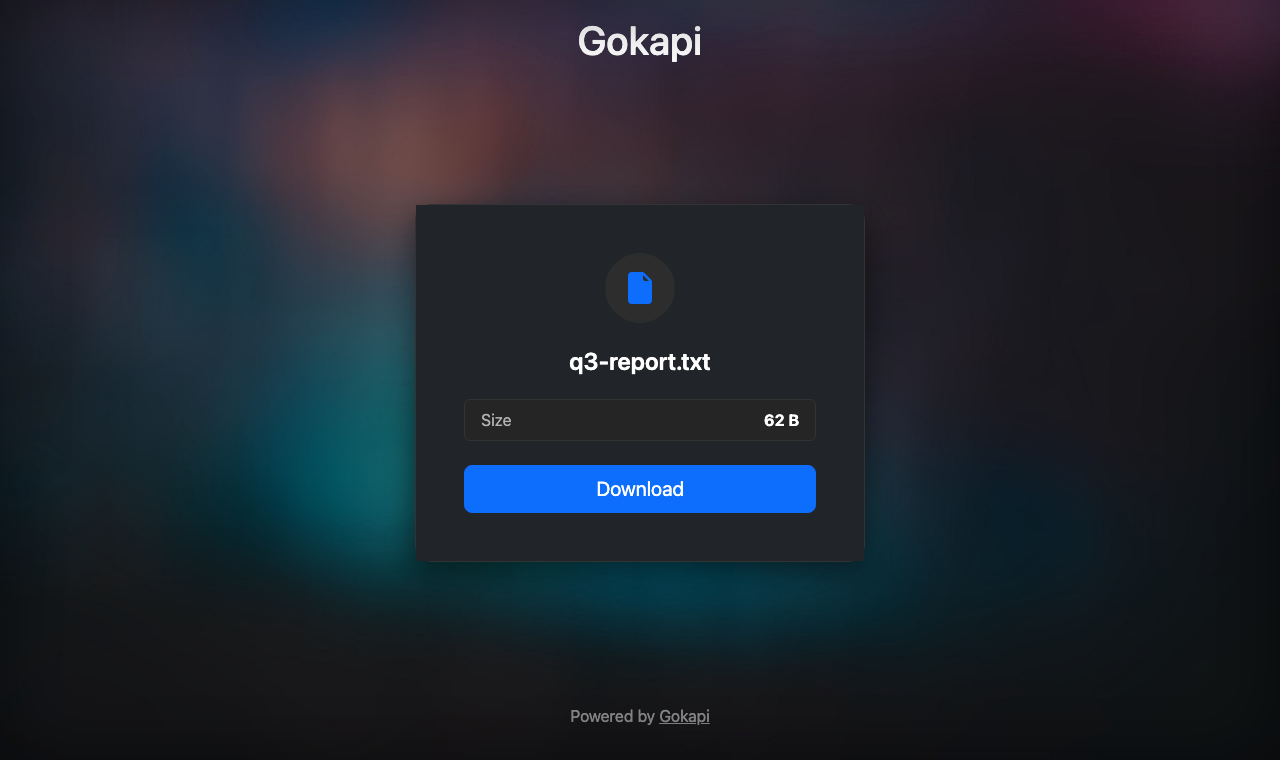 The public Gokapi download page for q3-report.txt showing its size and a Download button