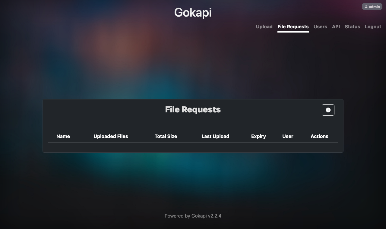 The Gokapi File Requests page with its table of requests and the button to create a new one