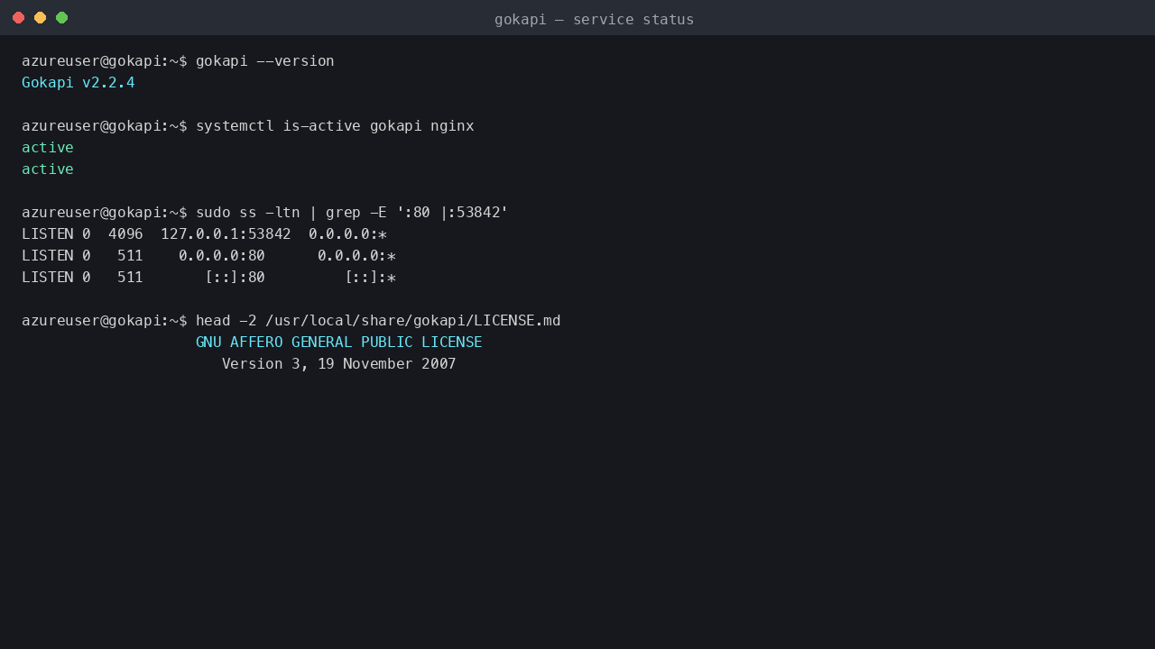 Gokapi and nginx active; the server is bound to loopback only, and the AGPL-3.0 licence ships with the image