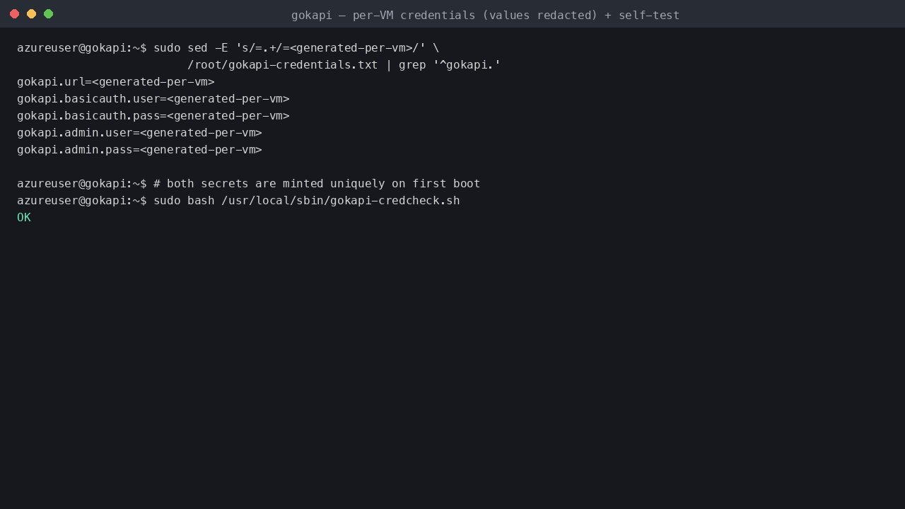 The per-VM credentials file (values redacted) and the credential self-test reporting OK