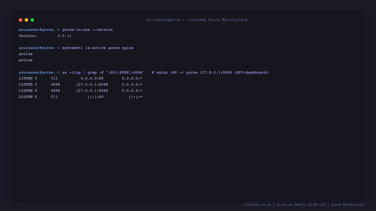 Terminal showing the gorse and nginx services active, gorse bound to loopback 8088 with nginx fronting port 80, and the health endpoint returning HTTP 200