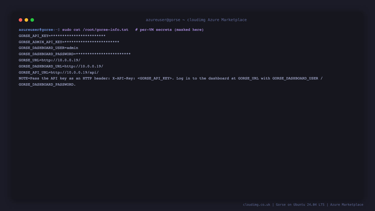 Terminal showing the per VM info note with the API key, admin key and dashboard password masked, alongside the resolved dashboard and API URLs