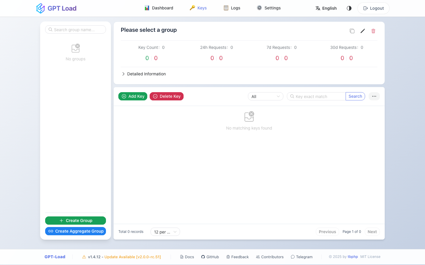 The Keys page on a freshly launched instance, with no groups and an empty key pool, and the Create Group and Create Aggregate Group buttons