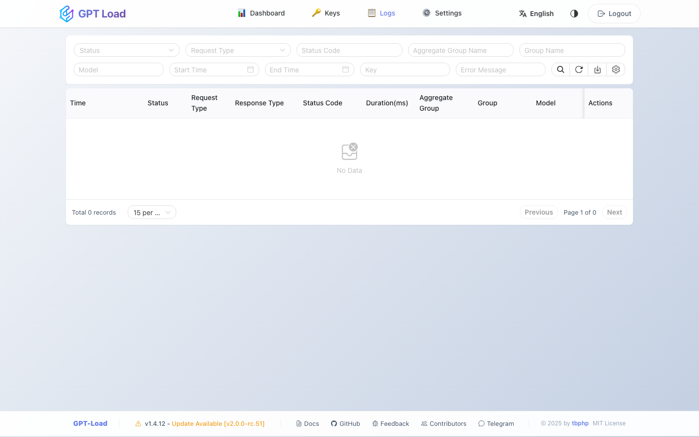 The Logs page of a fresh instance with its filters for status, group, model, key and time, and no requests yet