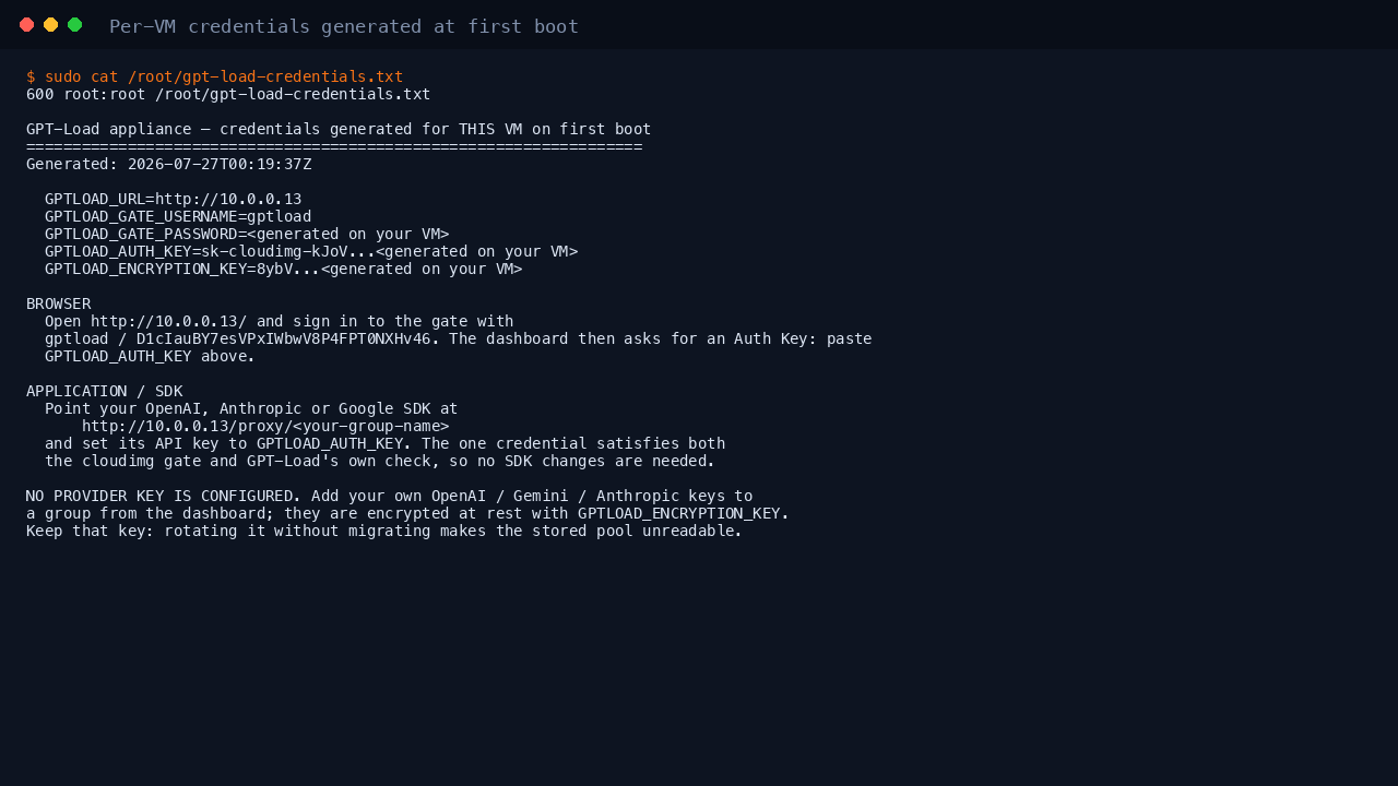 The per instance credentials file showing the gateway username and password, the auth key and the encryption key, all generated uniquely on first boot