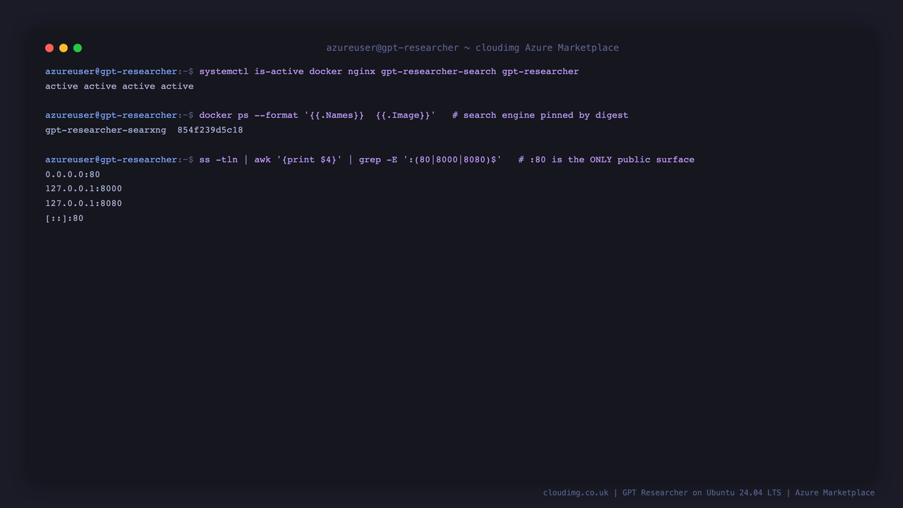 Service status, the pinned search image and the listening sockets on a running GPT Researcher VM