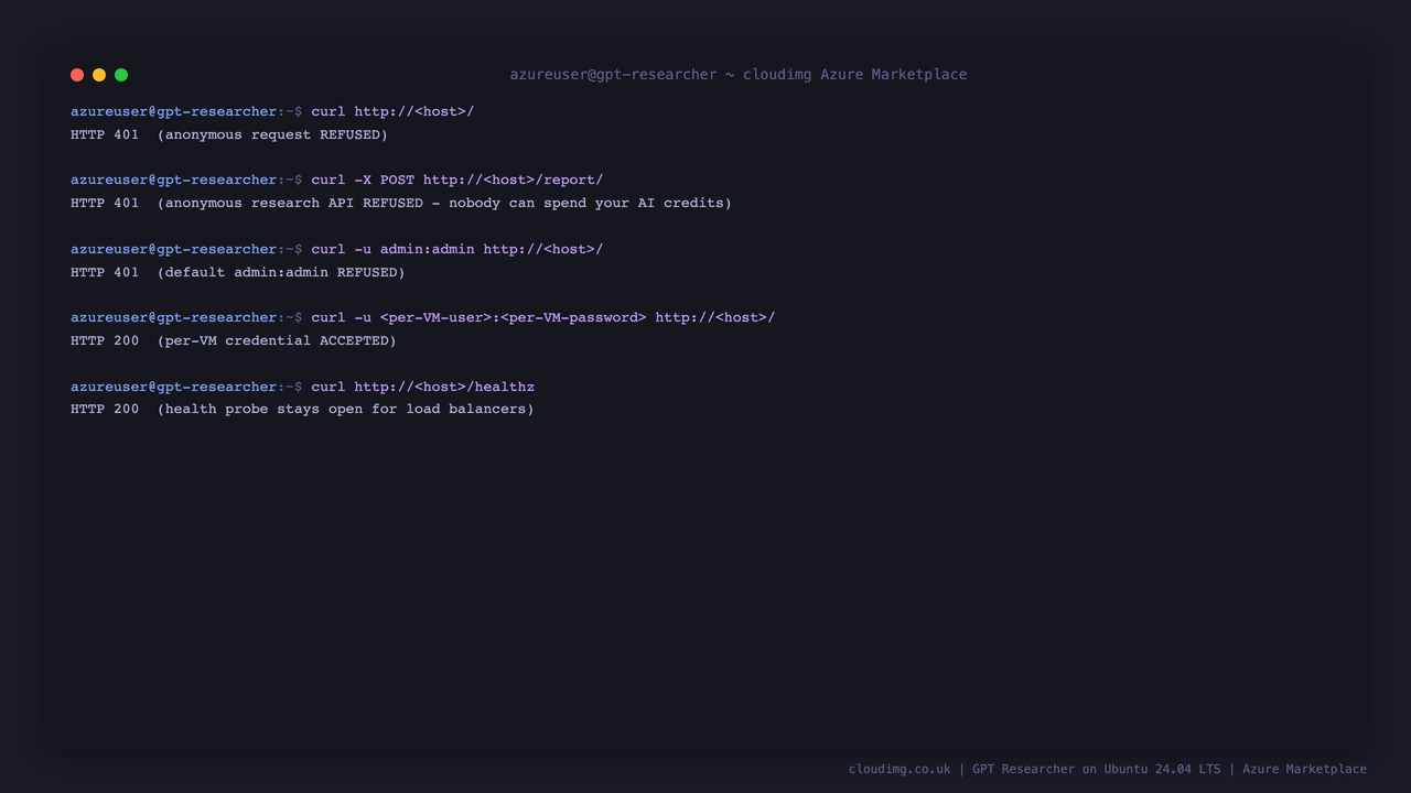 Anonymous requests and default credentials refused with 401 while the per-VM credential is accepted with 200