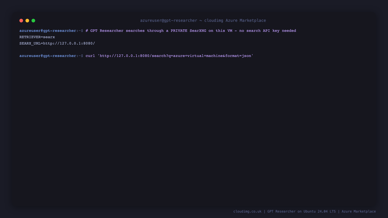Live web search results returned by the private SearXNG instance with no search API key configured
