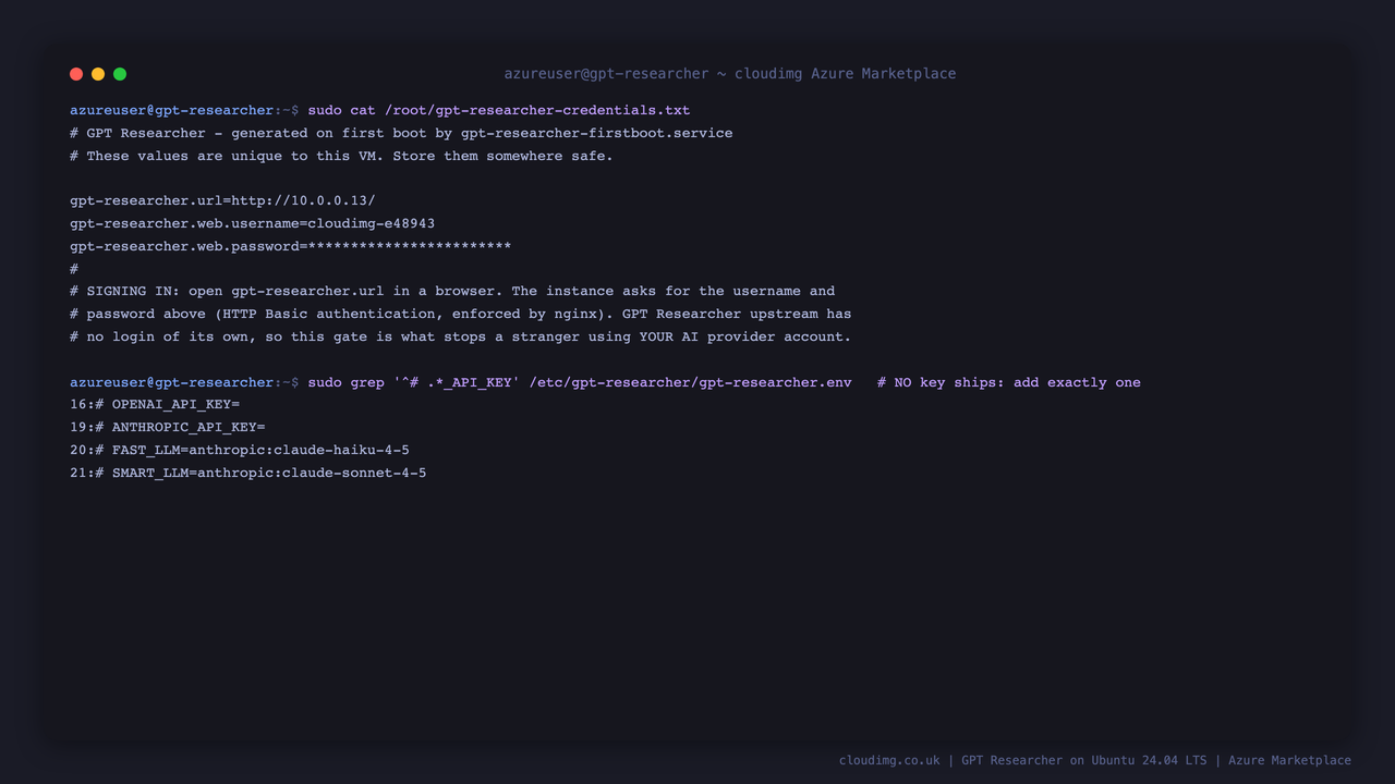 The per-VM credentials file and the commented provider key lines that ship with no key set