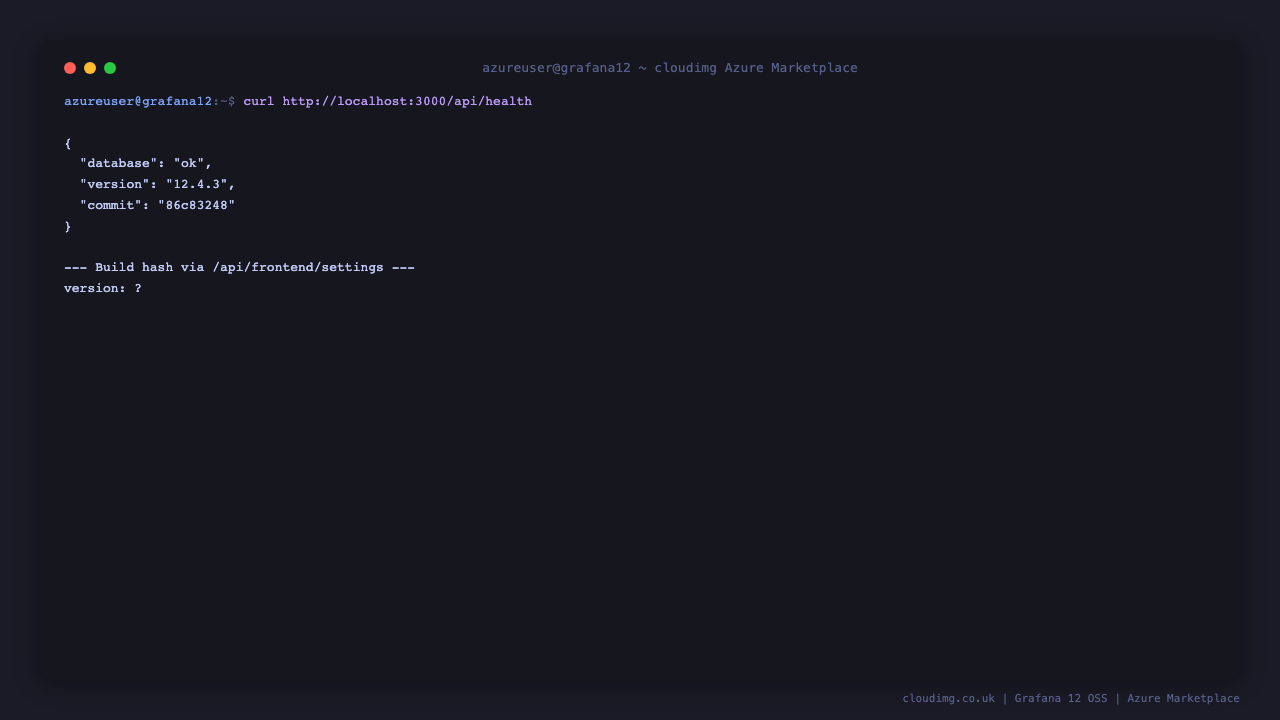 /api/health returns ok and reports Grafana version 12.4.x