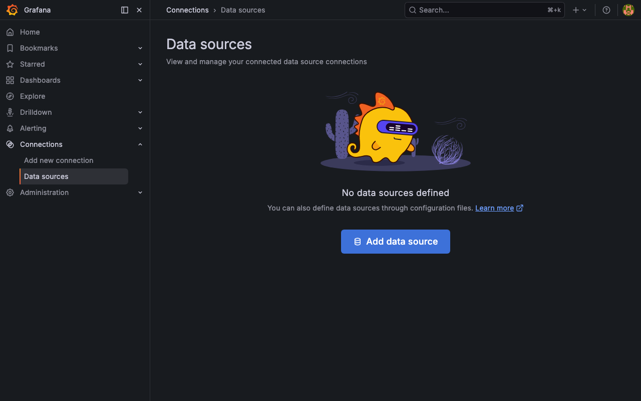Empty Data sources page on a freshly deployed Grafana VM, before any data sources have been added