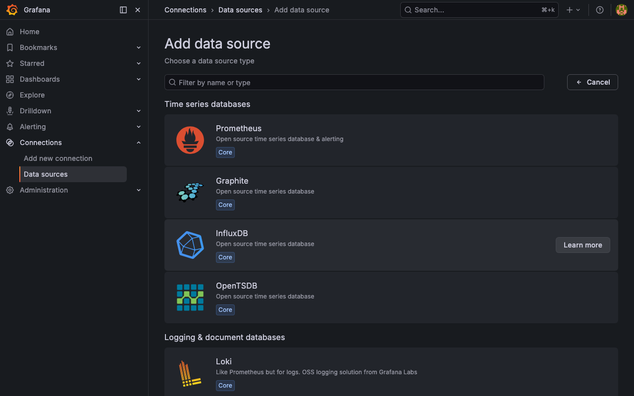 Data source catalog showing the built-in options including Azure Monitor, Prometheus, MySQL, PostgreSQL, Loki, Elasticsearch, OpenSearch, and many more