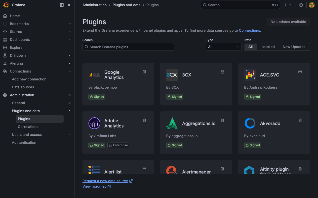 Grafana plugin catalogue showing installable panels, data sources, and apps