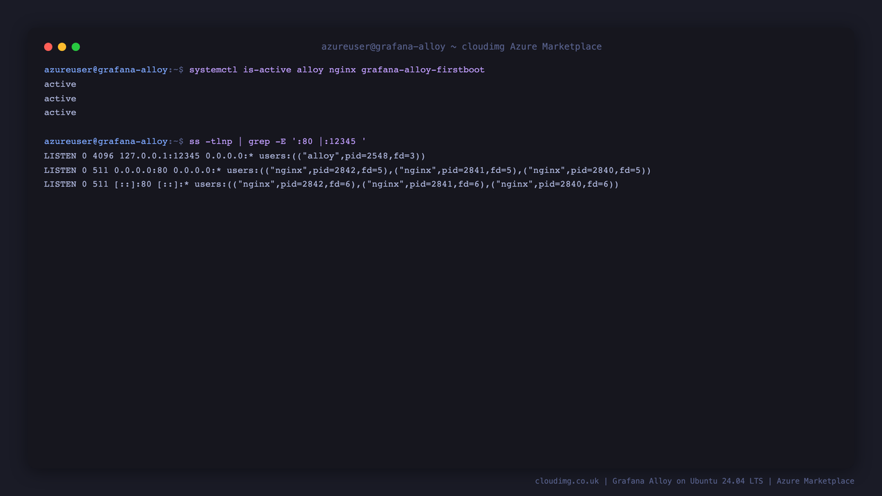 Grafana Alloy, nginx and the firstboot service all active, with nginx bound to public port 80 and the Alloy UI bound to loopback 127.0.0.1:12345 only