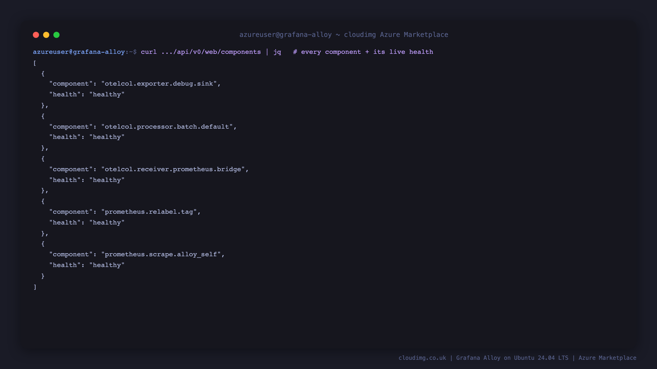The Alloy component API returning every component in the demo pipeline with a healthy state