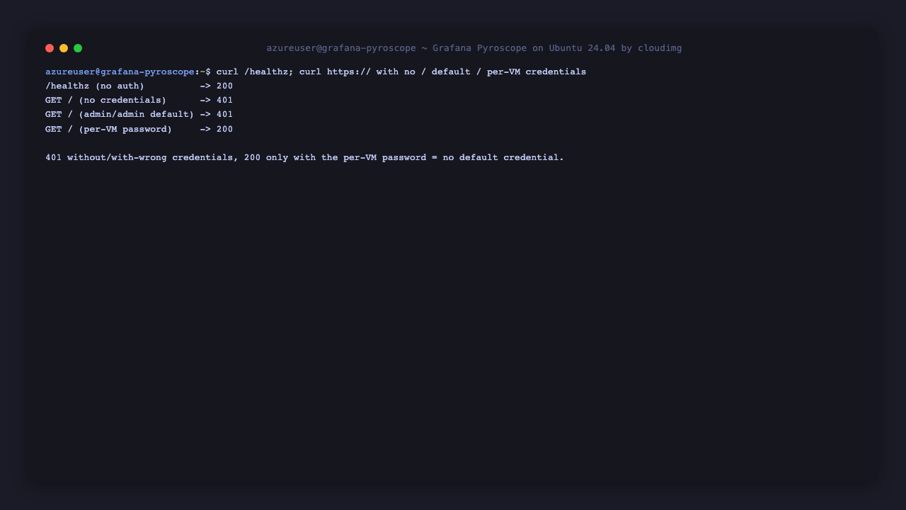 The static health probe answers without authentication while the UI returns 401 without credentials, 401 for admin/admin, and 200 with the per-VM password