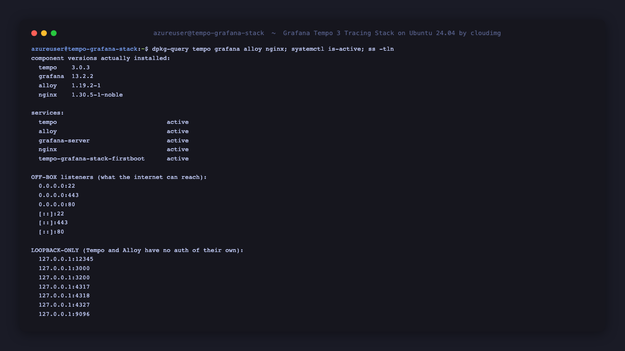 Component versions, service states, and the off-box versus loopback-only listening sockets