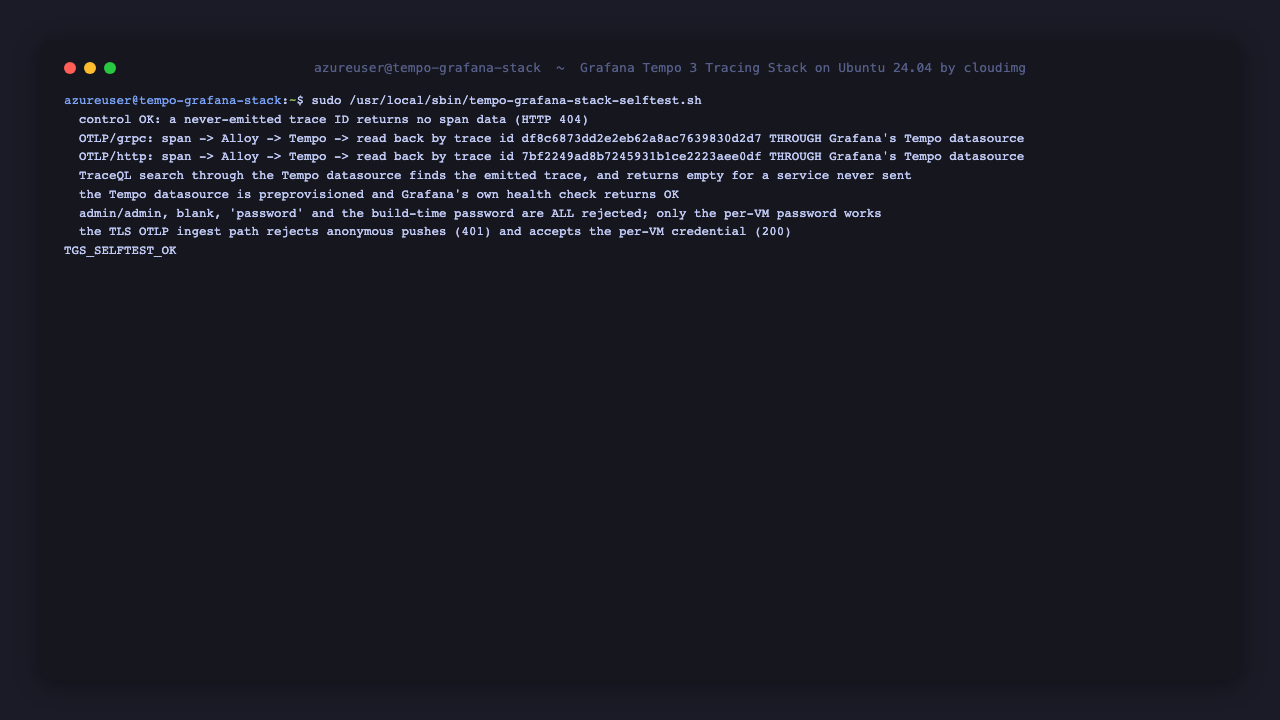 The end-to-end self-test: spans over OTLP gRPC and HTTP, stored by Tempo, read back through Grafana's Tempo datasource