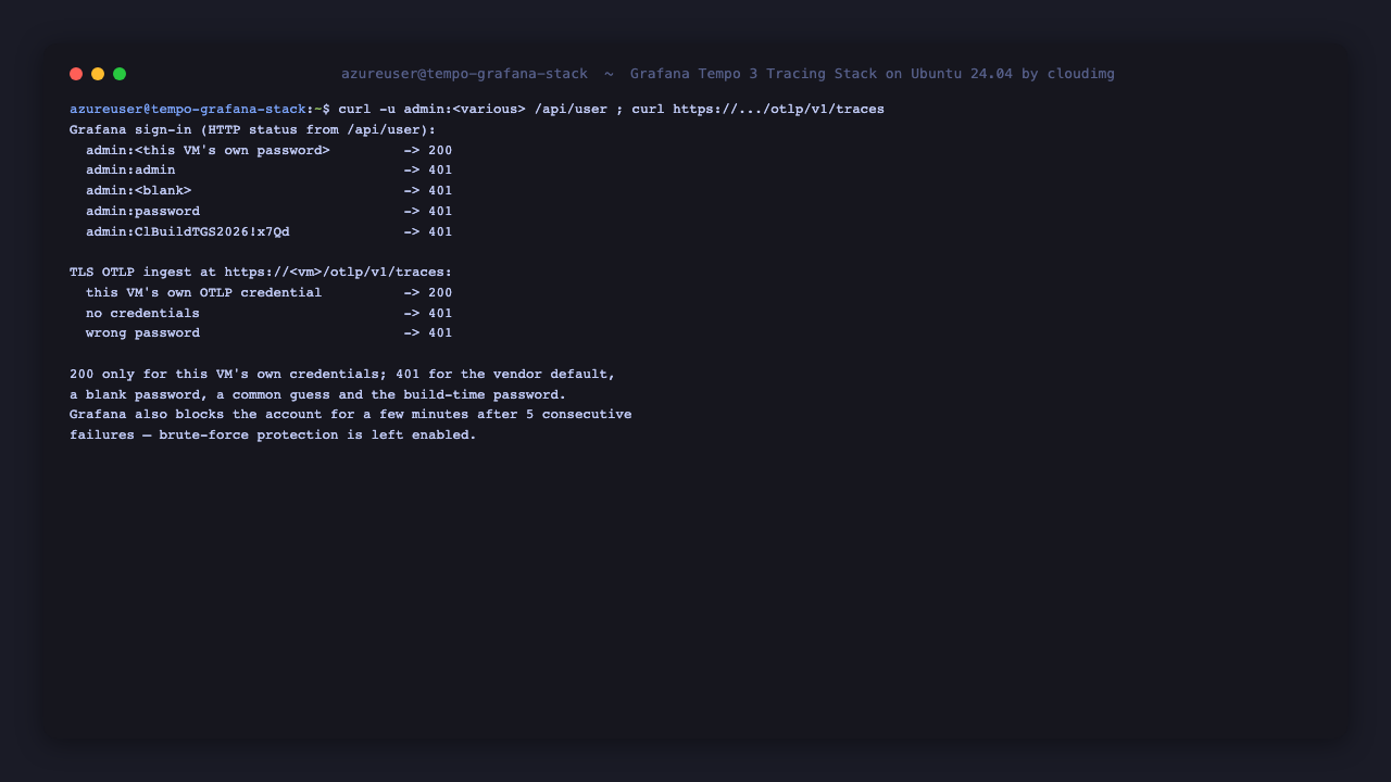 Every published or guessable credential is refused; only this machine's own credentials are accepted
