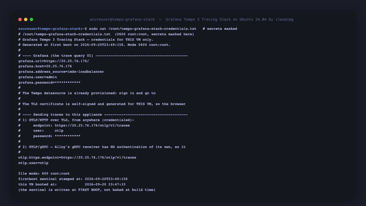 The per-virtual-machine credentials file, its 0600 root:root mode, and the first-boot sentinel timestamp