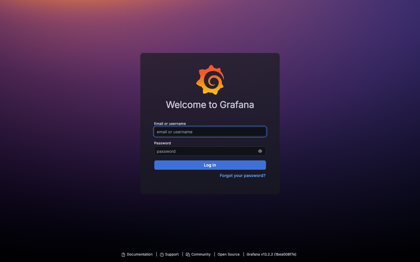 The Grafana sign-in page served over the appliance's own TLS certificate