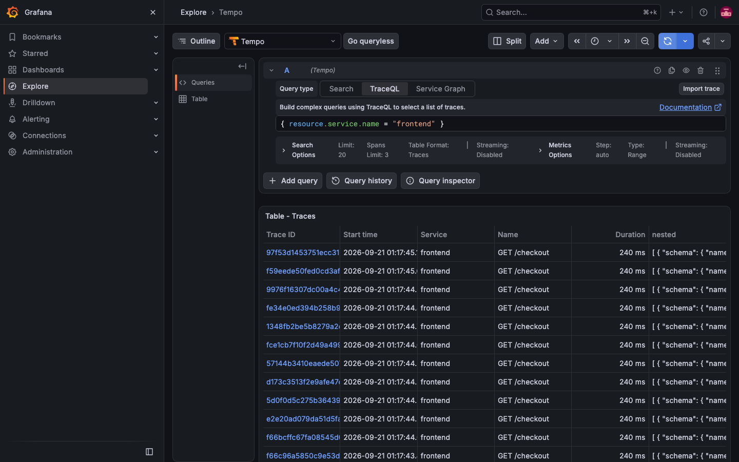 TraceQL search results in Explore, listing the demo traces by trace ID, service, root span name and duration