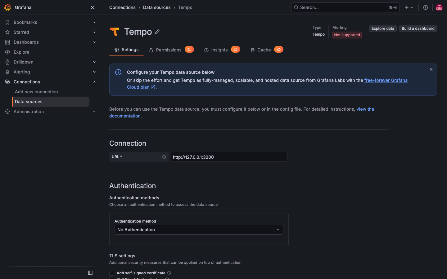 The Tempo datasource settings page, provisioned against http://127.0.0.1:3200