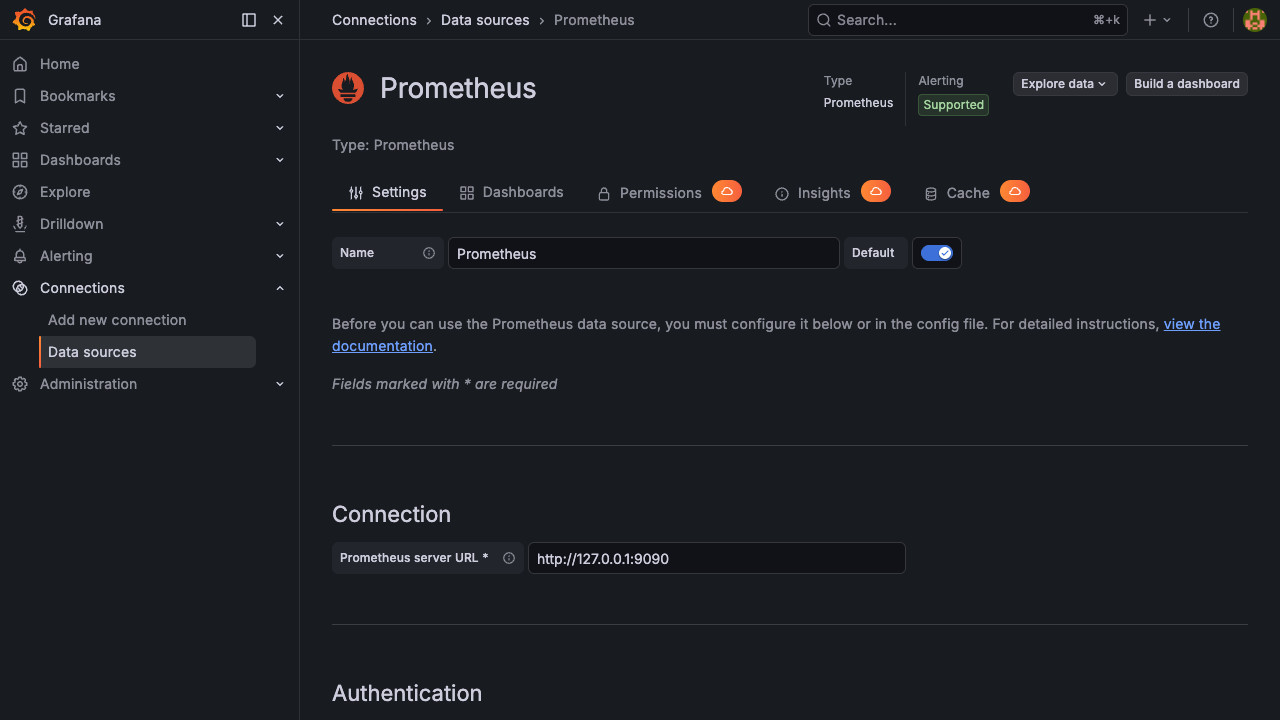Provisioned Prometheus datasource set as default