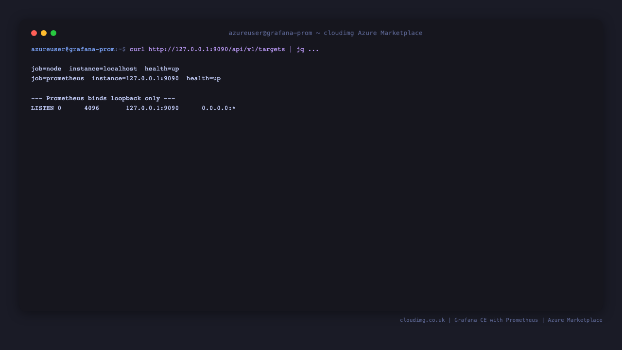 Prometheus scrape targets — node_exporter and self both UP; Prometheus bound to loopback