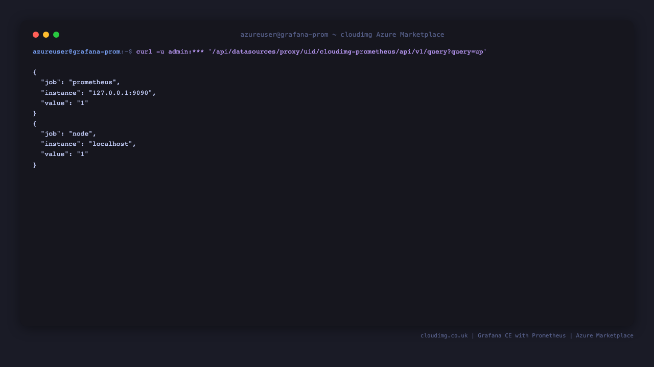 A live metric round-trips through Grafana's Prometheus datasource proxy