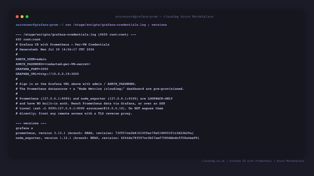Per-VM credentials file (0600 root only) and the pinned component versions
