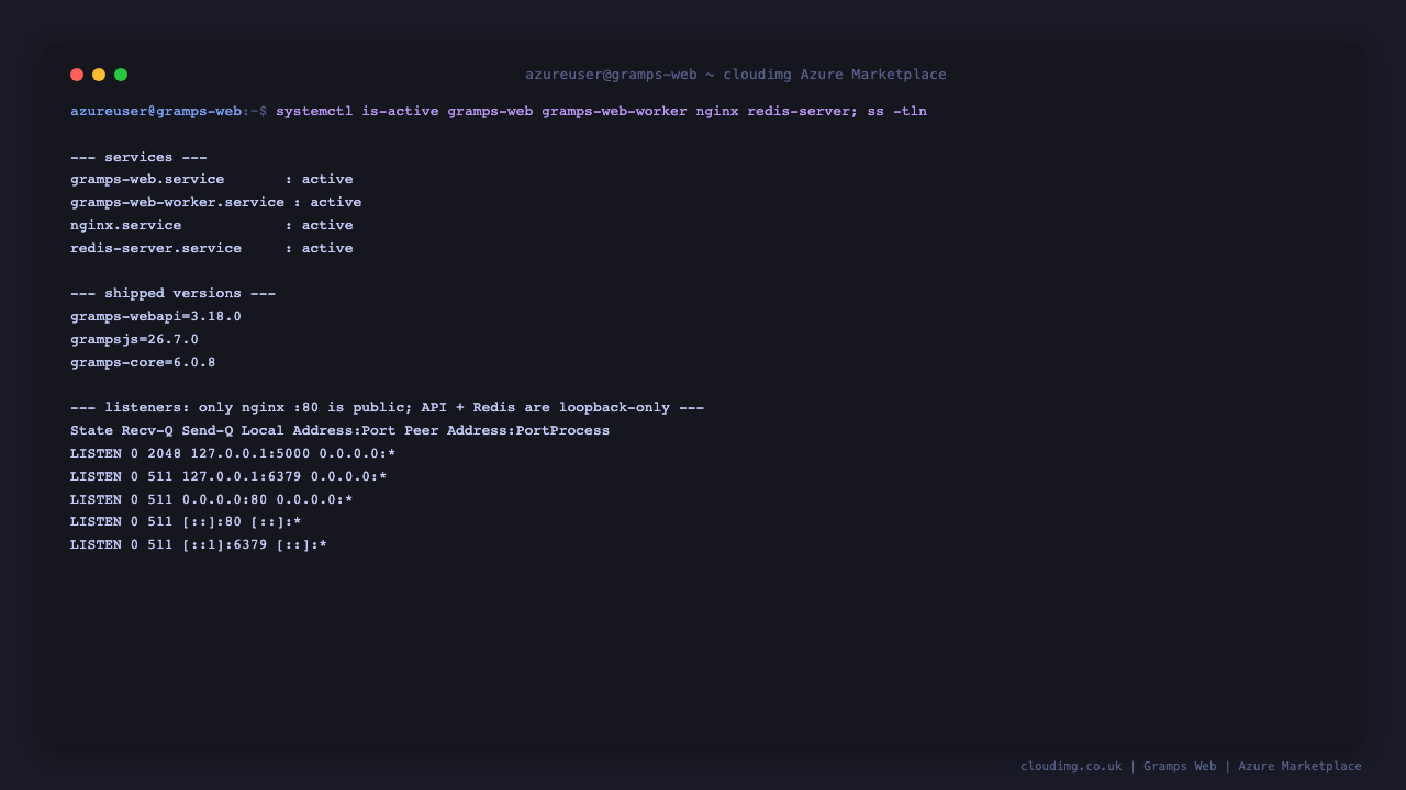 Service status, shipped versions and loopback-only listeners for Gramps Web on Ubuntu 24.04